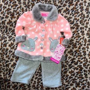 NWT Young Hearts Baby Girl Bunny Outfit Pink Fleece Polka Shirt & Pants Set